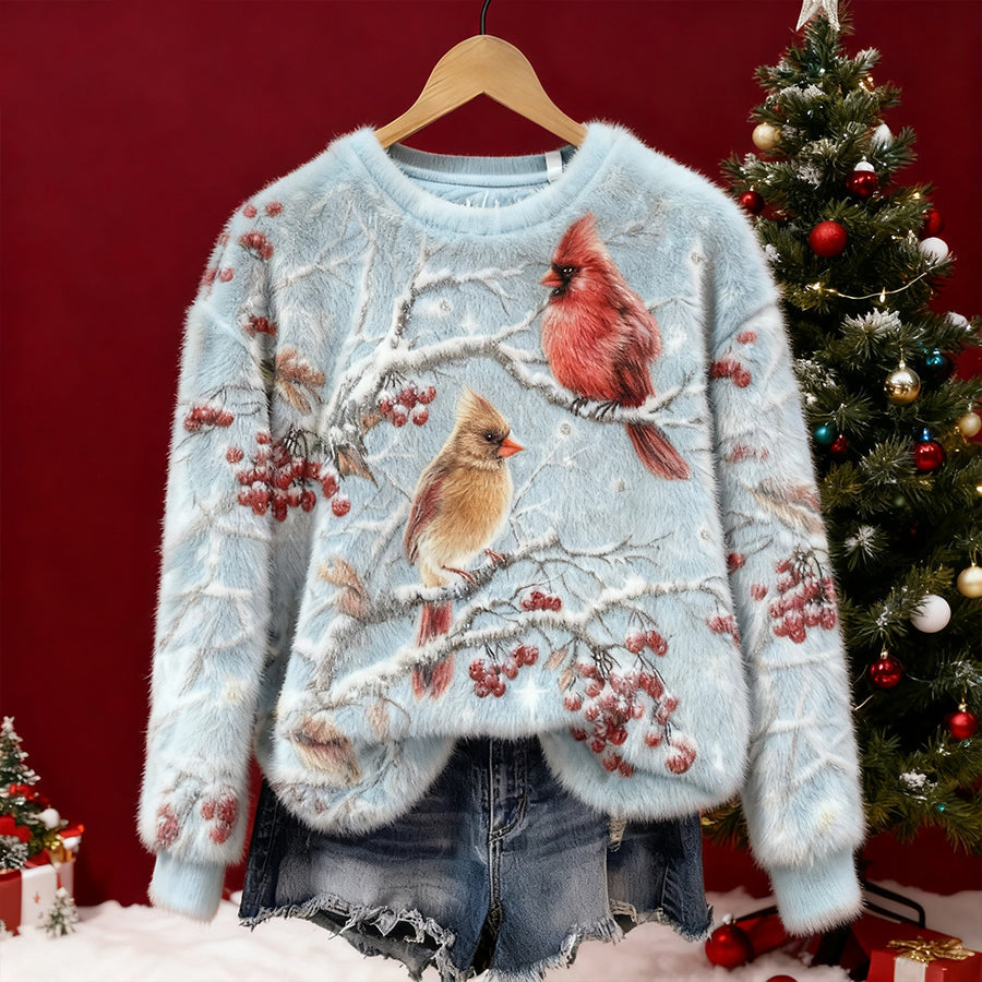 Women's Christmas Floral And Bird Art Print Crew Neck Plush Sweatshirt