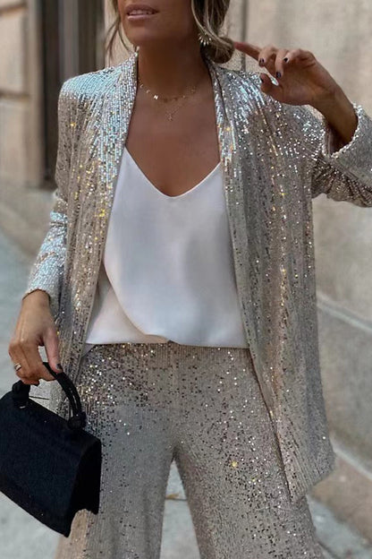 Street Sequins Cardigan Collar Long Sleeve Two Pieces