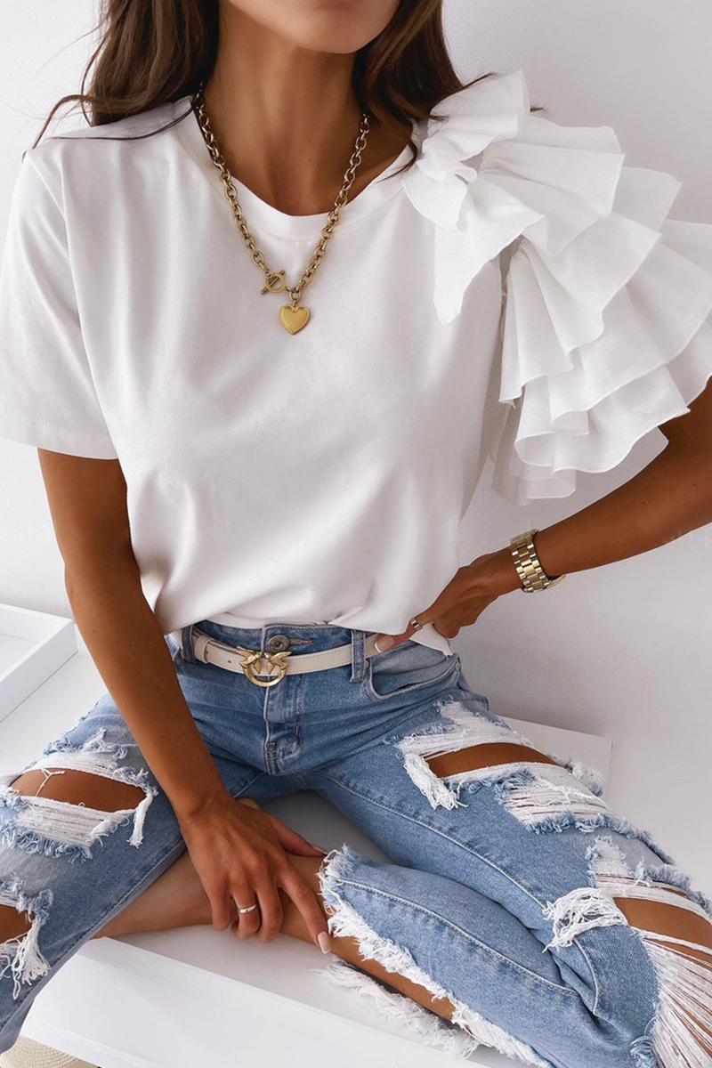 Patchwork Flounce O Neck T-shirts(4 Colors)