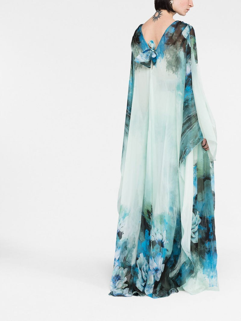 Long Sleeves V-neck Tapered Waist Maxi Dress Blue