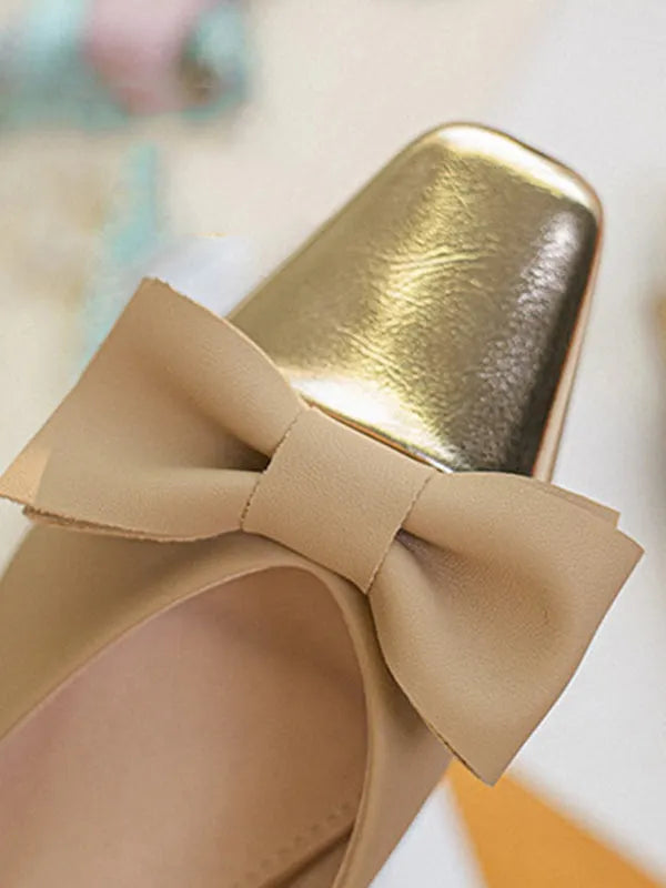 Bowknot Contrast Color Shallow Cut Split-joint Square-toe Flats