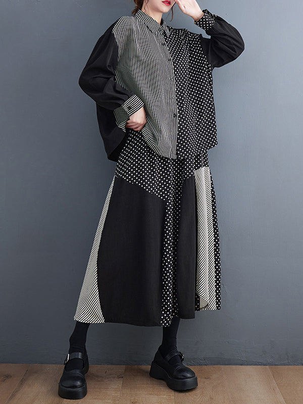 Loose Oversize Striped Polka-dot Split-joint Blouse Top A-line Skirt Bottom Two Pieces Set