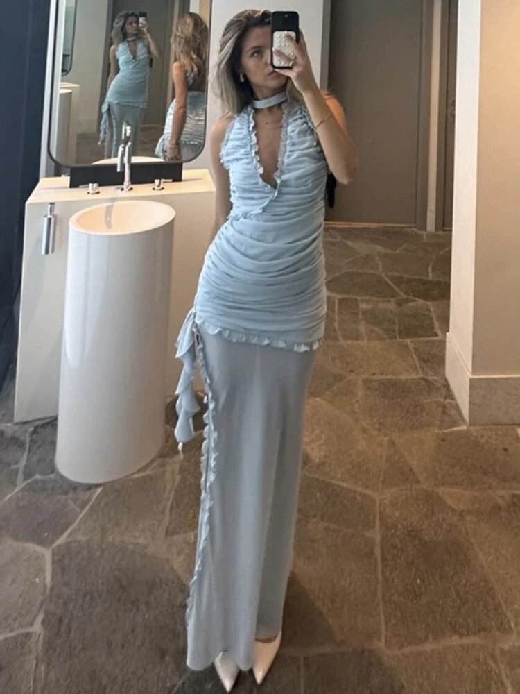 Taruxy Deep V Neck Slim Maxi Dresses for Mesh Splice See Through Folds Long Dress Femme Side Slit Evening Dress Woman