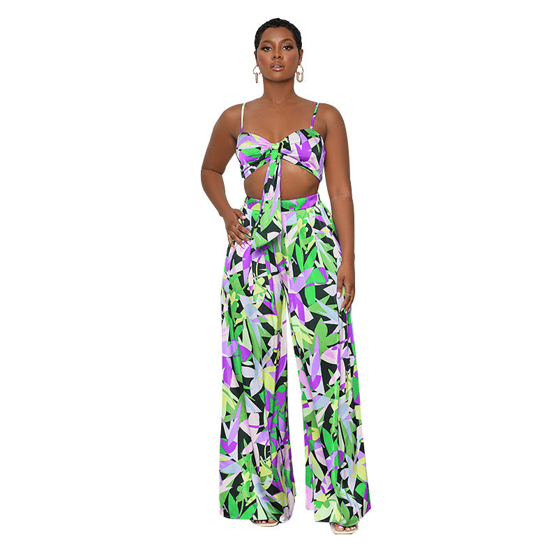 Summer Printed Strap Tube Top Cropped Clothing Wide Leg Pants Suit