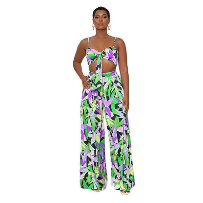 Summer Printed Strap Tube Top Cropped Clothing Wide Leg Pants Suit