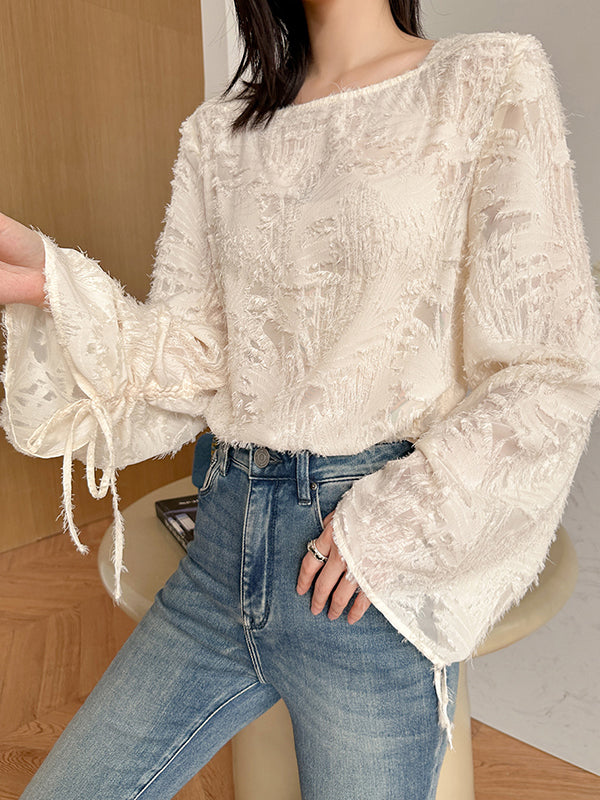 Flared Sleeves Long Sleeves Drawstring Fringed Color Square-neck Blouses&shirts Tops