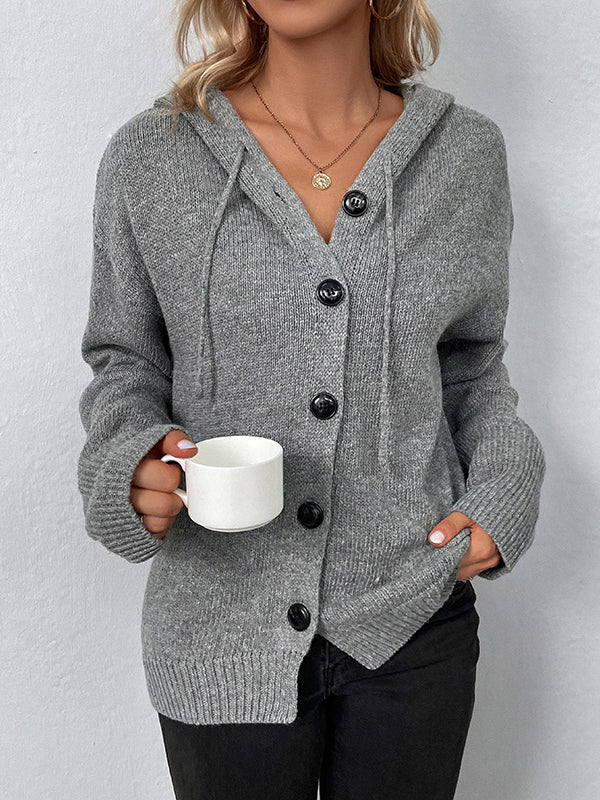 Wrap Buttoned Hooded Color Cardigan