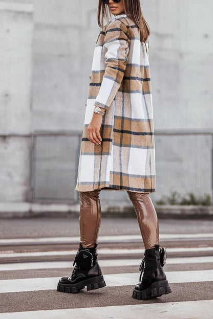 Mid Length Double Breasted Plaid Print Woolen Coat