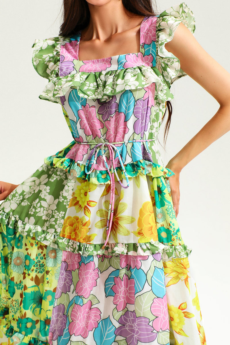 Printed Sleeveless Square Collar Ruffle Hem Midi Dress
