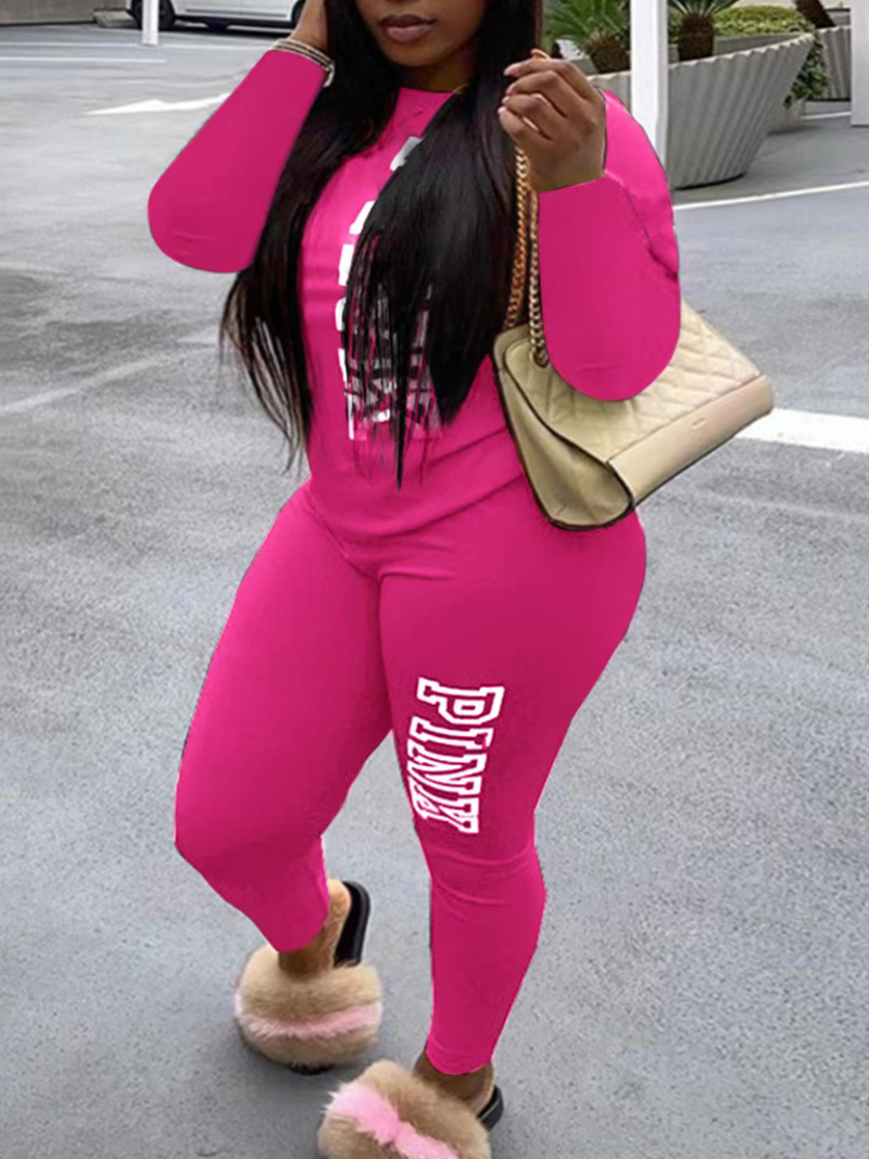 4xl 5xl Pink Letter Print Pocket Design Pants Set New Round Neck Long Sleeve 2pcs Two Pieces Outfit for Lady