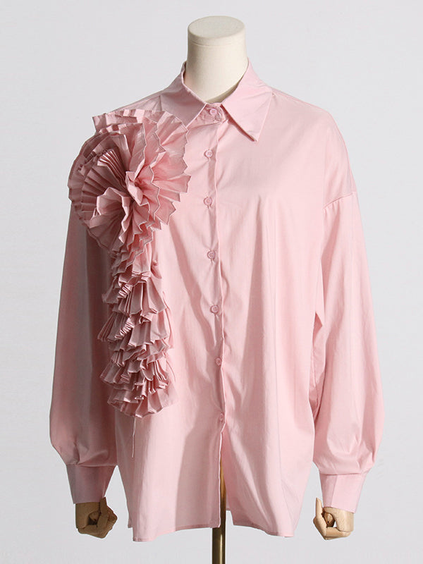 Long Sleeves Loose Asymmetric Buttoned Pleated Color Split-joint Three-dimensional Flower Lapel Blouses&shirts Tops