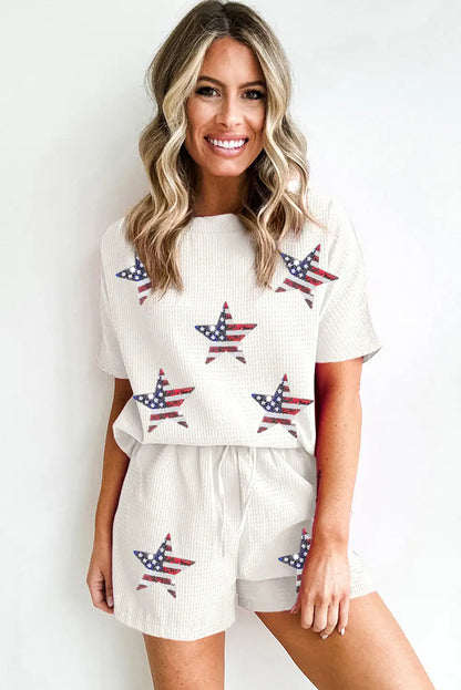 White Waffle Sequin American Flag Star Shorts Set