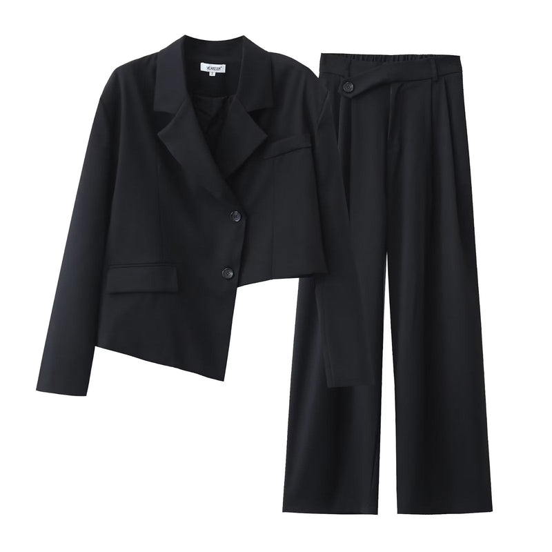 Autumn Winter Irregular Asymmetric Blazer High Waist Wide Leg Pants Set