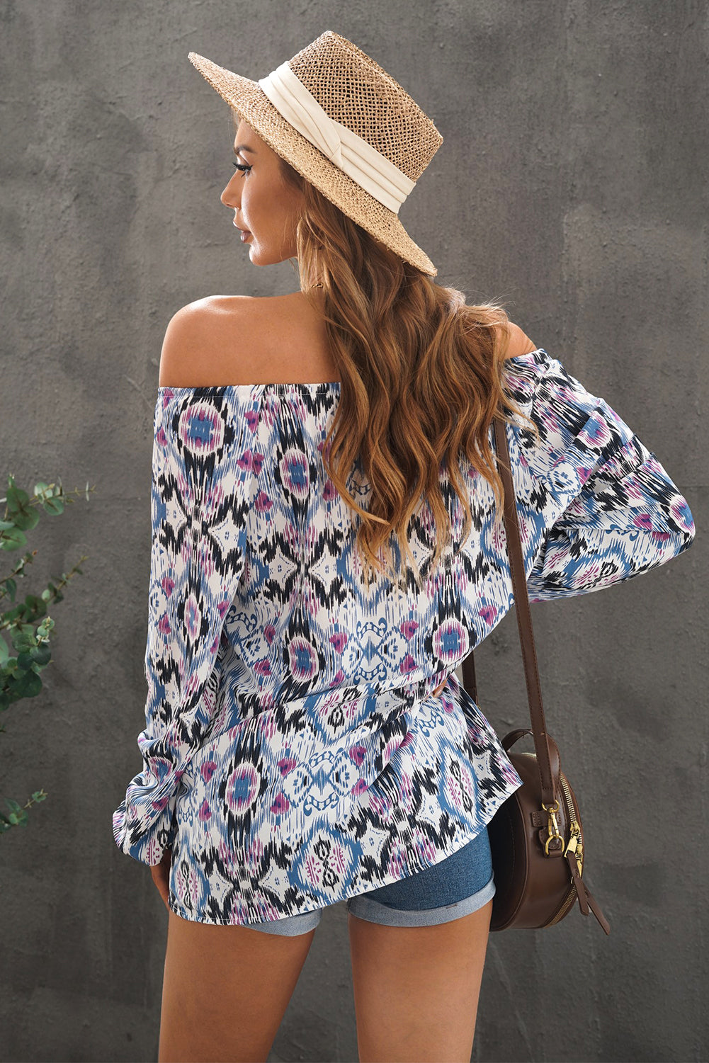 Green Print Split Neck Blouse