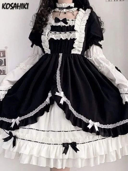 Contrast Color Japanese Dress Ruffled Patchwork High Waist Fairy Robe Y2k Aesthetic Sweet Dresses Vestido De Mujer
