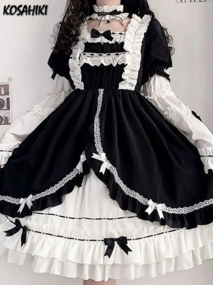 Contrast Color Japanese Dress Ruffled Patchwork High Waist Fairy Robe Y2k Aesthetic Sweet Dresses Vestido De Mujer