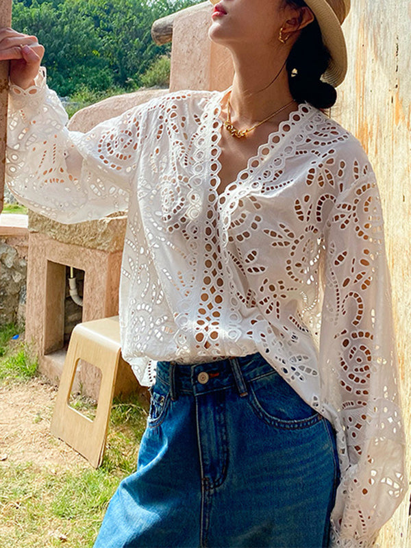 Long Sleeves Loose Hollow See-through Color Split-joint V-neck Blouses&shirts Tops