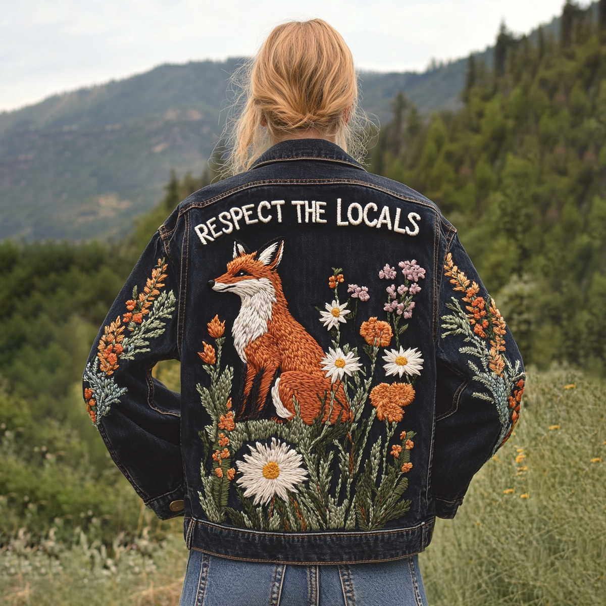 Respect The Locals Fox Floral Embroidered Denim Jacket artswardrobe