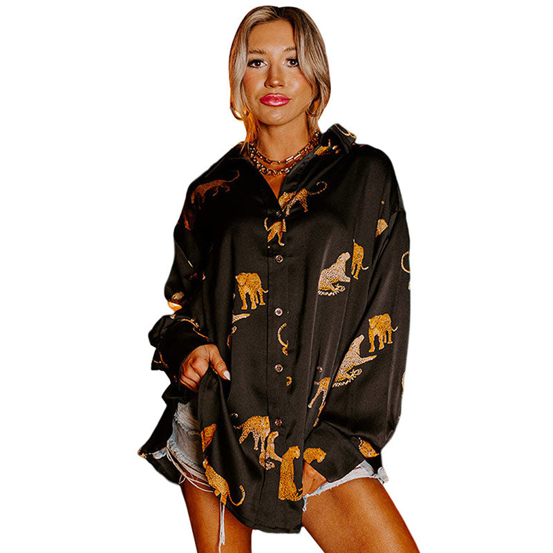 Autumn Color Satin Long Sleeve Cardigan – ’s Thin Personalized Animal Print Shirt