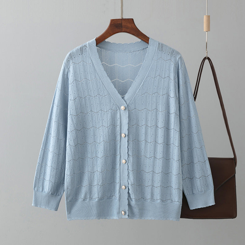 V Neck Hollow Out Cutout Knitted Cardigan Coat Spring Summer Short Small Thin Sun Protection Clothing Top