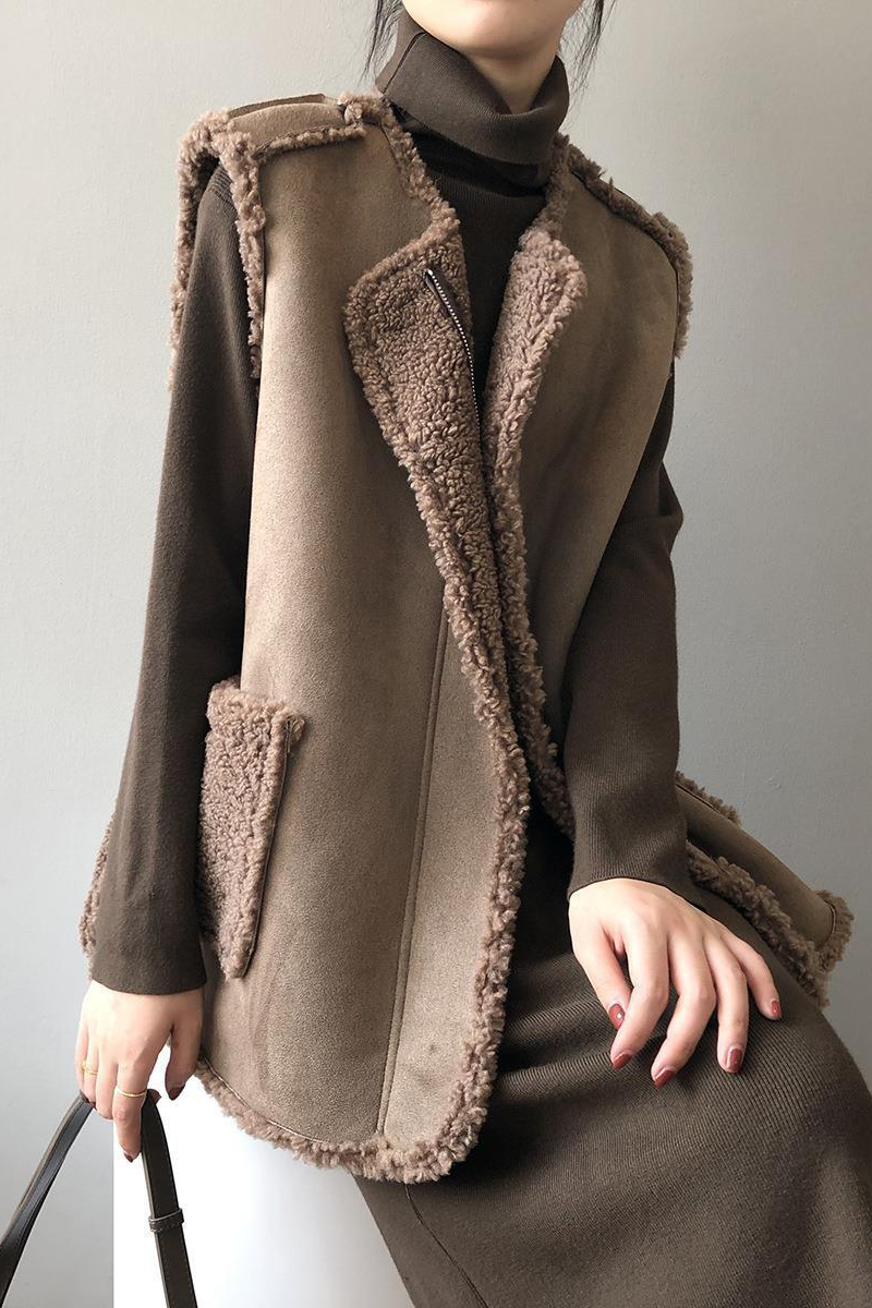 Pocket Patchwork Fluffy O Neck Waistcoats