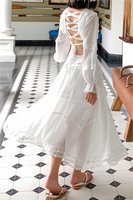 Long Sleeve V-neck Cut-out Backless Lace Up Midi Dress White