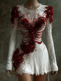 Women Halloween Skeleton Crimson Rose Romantic White Dress artswardrobe