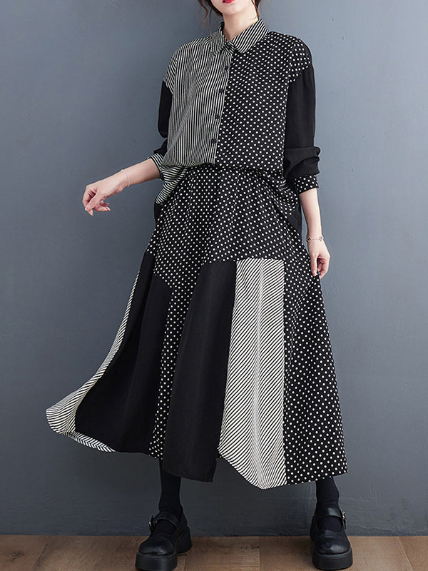 Loose Oversize Striped Polka-dot Split-joint Blouse Top A-line Skirt Bottom Two Pieces Set