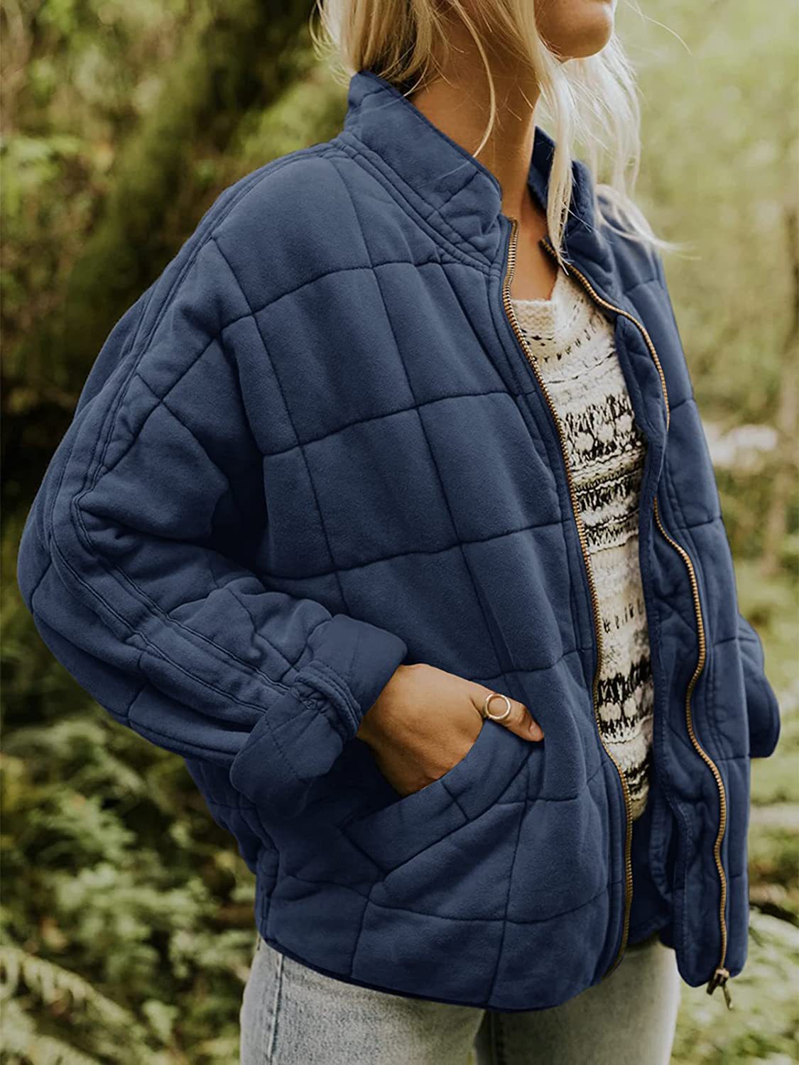 Stand collar padded loose pocket jacket