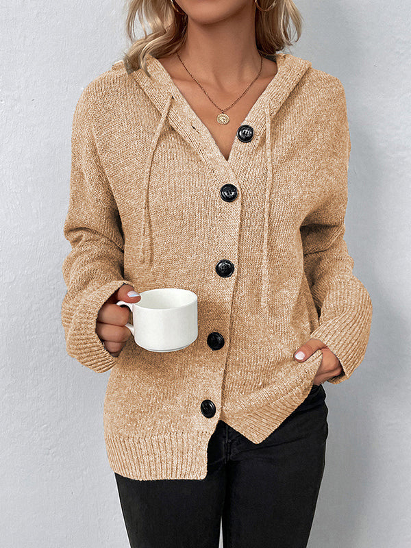 Wrap Buttoned Hooded Color Cardigan