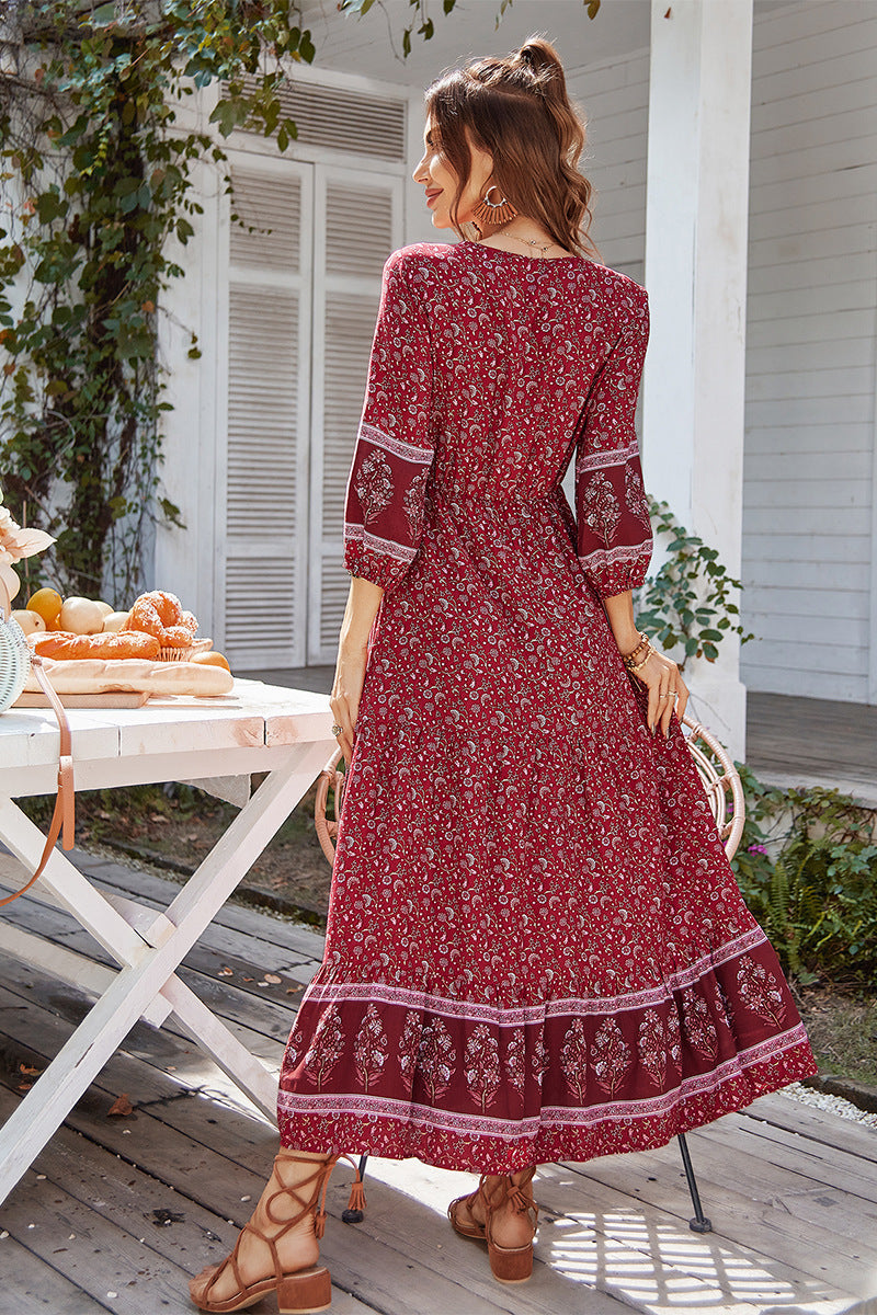 Print Puff Sleeve Loose Maxi Dress