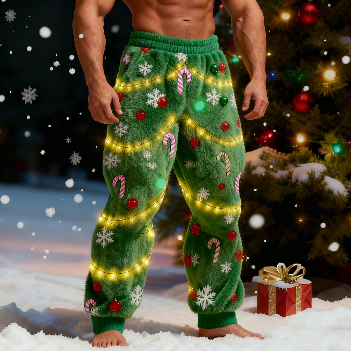 Comstylish Men's Christmas Tree Lights Cosplay Plush Casual Pants