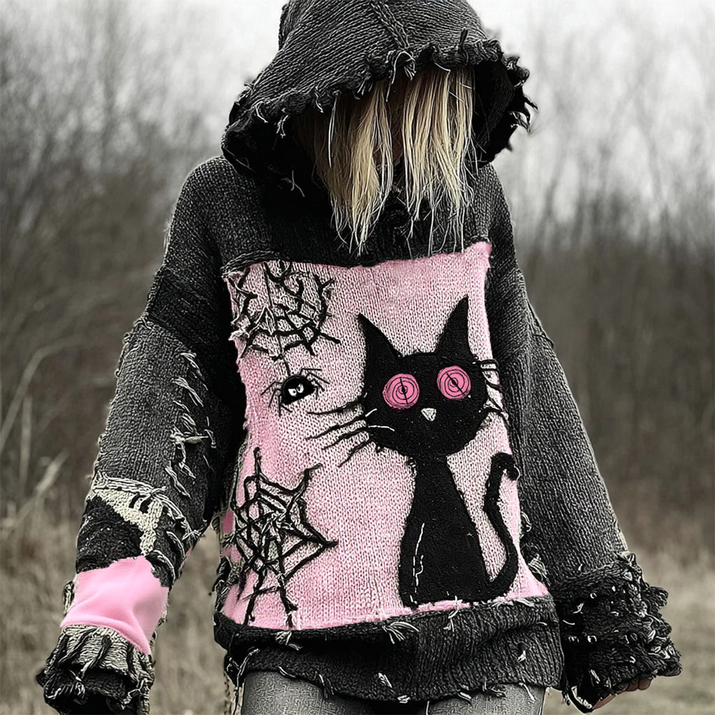 Halloween Scared Black Cat Patchwork Stitched Cozy Knit Hooded artswardrobe