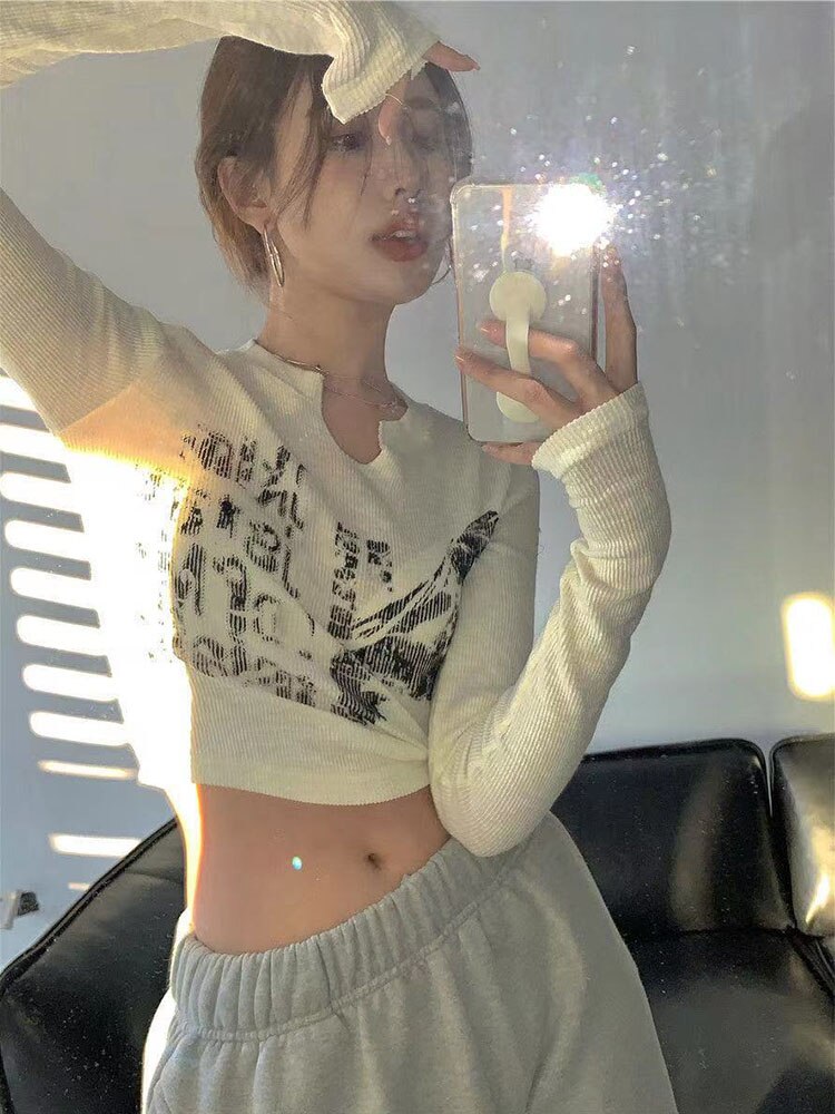 Long Sleeve Crop Top Grunge Clothes Letter T-shirt Aesthetic Clothes Korean Style Slim Autumn Y2k Top