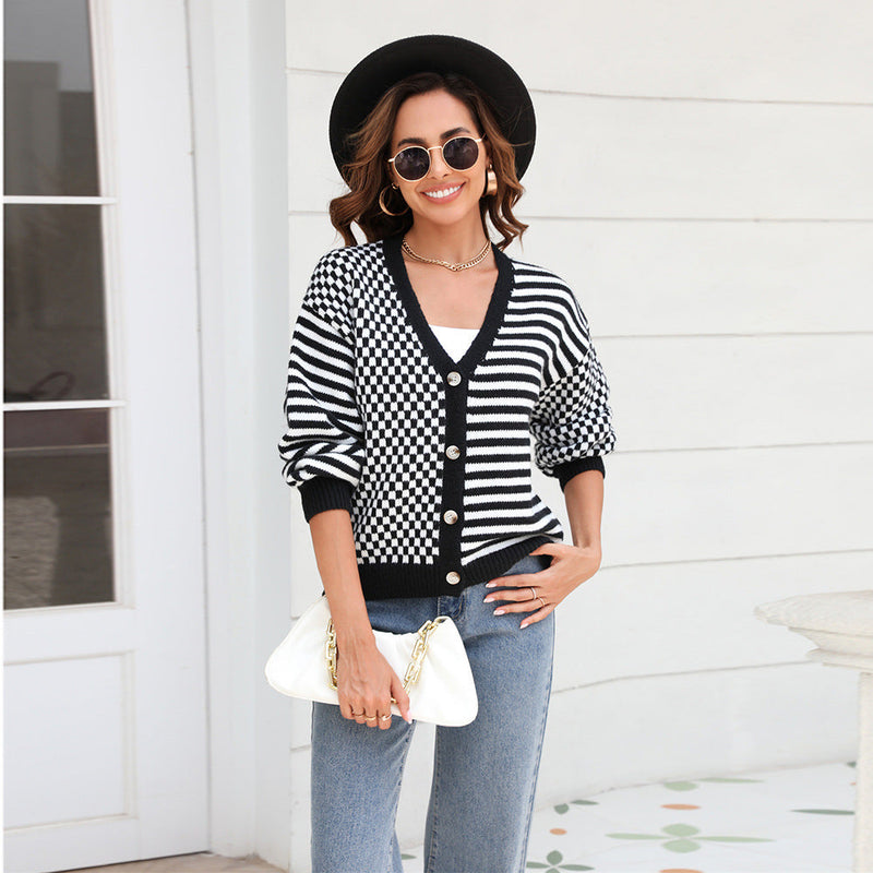 Autumn Winter Knitted Plaid Stitching Striped Cardigan Coat Sweater