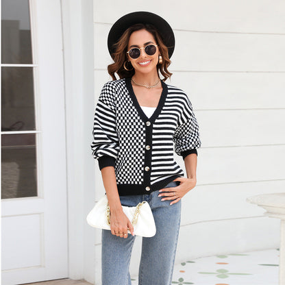 Autumn Winter Knitted Plaid Stitching Striped Cardigan Coat Sweater