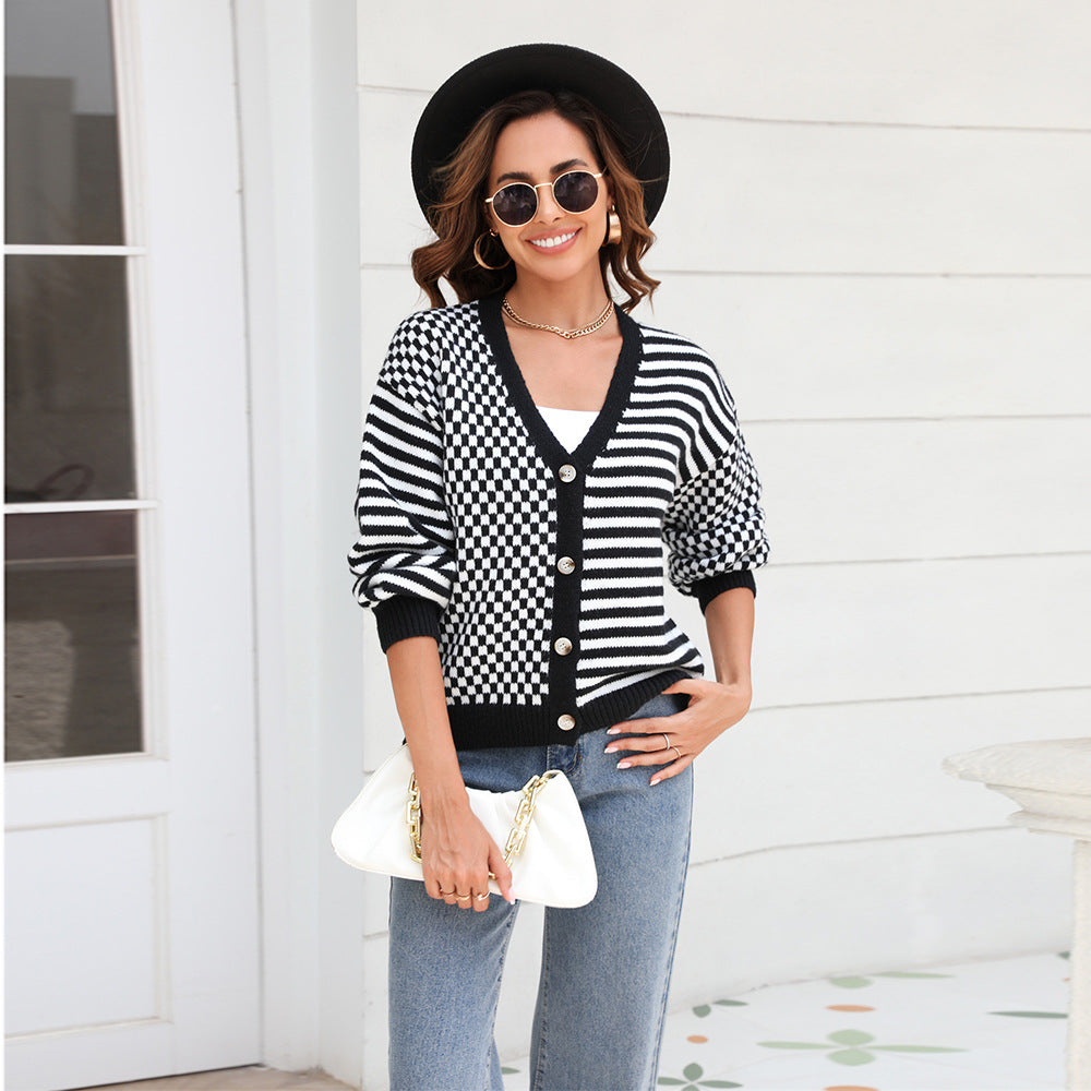 Autumn Winter Knitted Plaid Stitching Striped Cardigan Coat Sweater