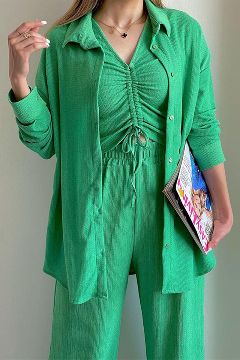 Draw String Fold Turndown Collar Long Sleeve Three Pieces(shirt Vest Trousers)