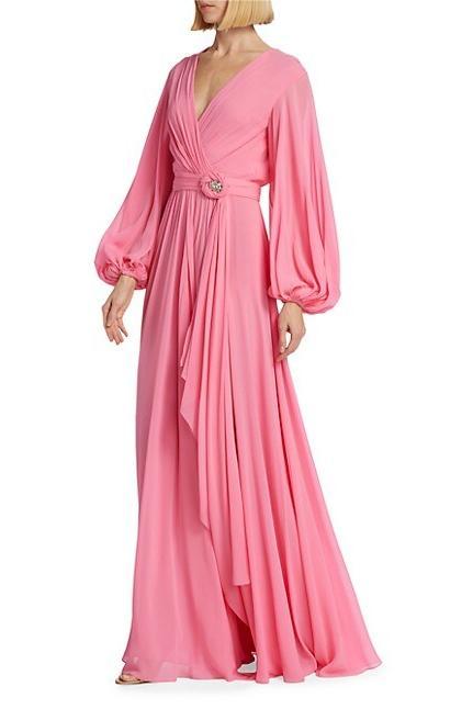 Lantern Sleeve V-neck Tapered Waist Slit Maxi Dress Pink