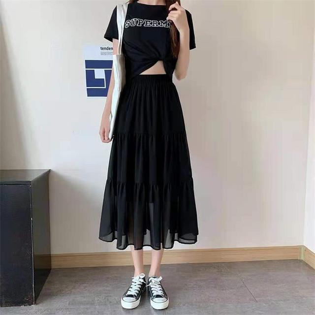 Summer Chiffon Skirts High Waist Elastic Patchwork White Black Mid Length Cake A-line Skirt for Student
