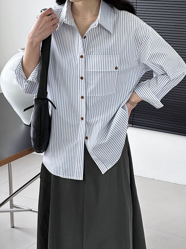 Long Sleeves Loose Buttoned Pockets Striped Lapel Blouses&shirts Tops