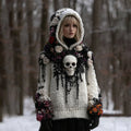 Women's Vintage Rose And Skull Patchwork Knit Hooded Sweater artswardrobe