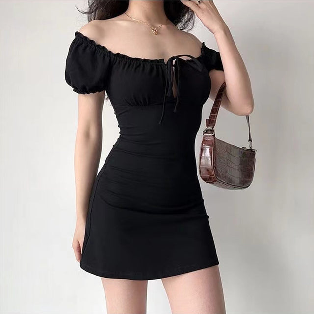 Summer Mini Dress Short Sleeved Lace Up Hollow Backless Folds Bodycon Black Dress Party A-line Dresses