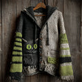 Halloween Black Cat Contrast Striped Hooded Cozy Knit Cardigan artswardrobe