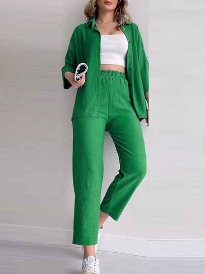 Color High-low Split-side Lapel Blouses + High Waisted Pants Bottom Two Pieces Set