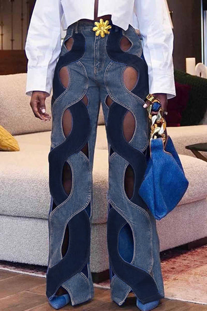 Street Hollowed Out High Waist Straight Denim Jeans
