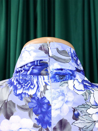 Long Sleeves Printed Blouse + Split-back Color Skirt Two Pieces Set