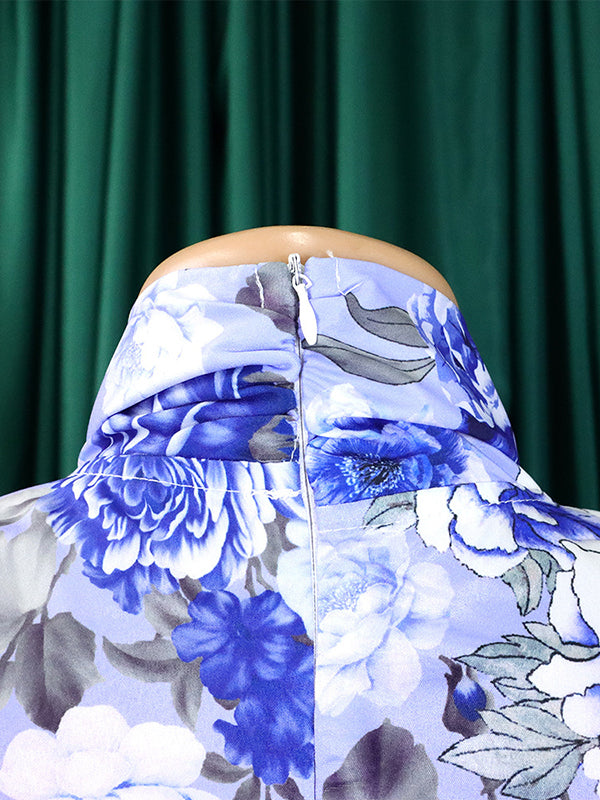 Long Sleeves Printed Blouse + Split-back Color Skirt Two Pieces Set
