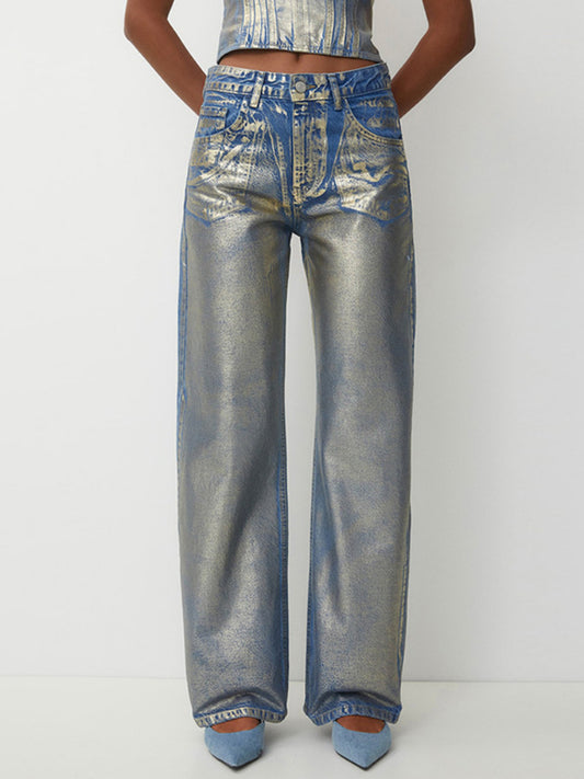 Taruxy Pu Jeans Woman New Winter High Waisted Jeans Street Loose Baggy Denim Pants Bottoms