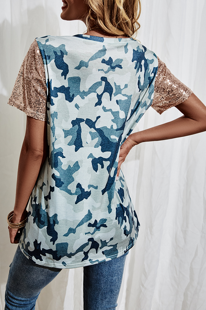 Print Split Joint Sequins Asymmetrical Collar T-shirts